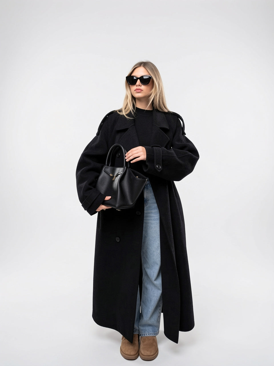 Trench Femme Col Tailleur Long Noir Coupe Ample - 3