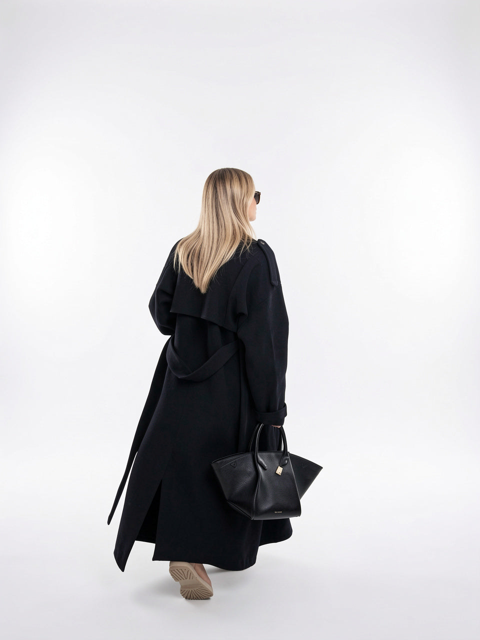 Trench Femme Col Tailleur Long Noir Coupe Ample - 5
