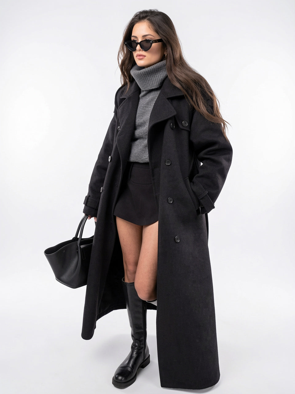 Trench Femme Col Tailleur Long Noir Coupe Ample - 6