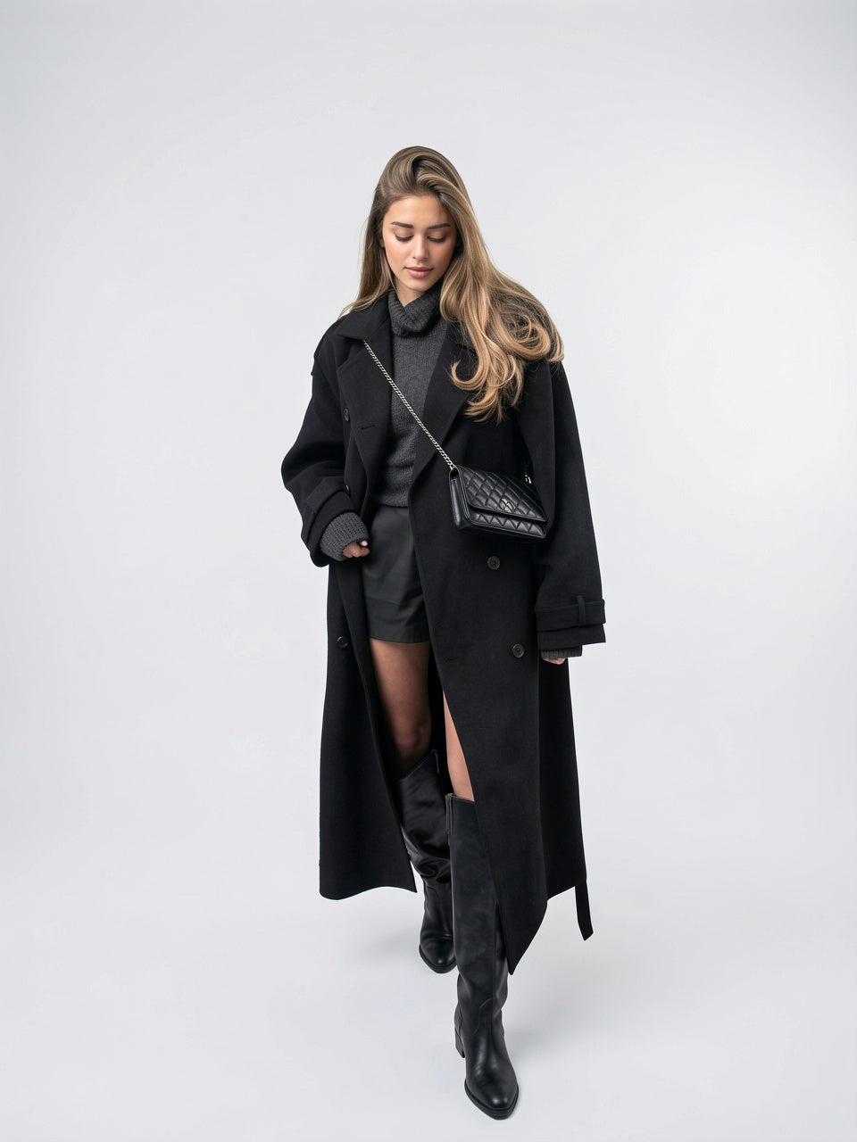 Trench Femme Col Tailleur Long Noir Coupe Ample - Noir S