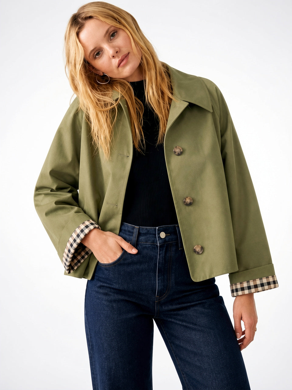 Trench Femme Coupe Ample Col Montant Léger - Vert olive XS