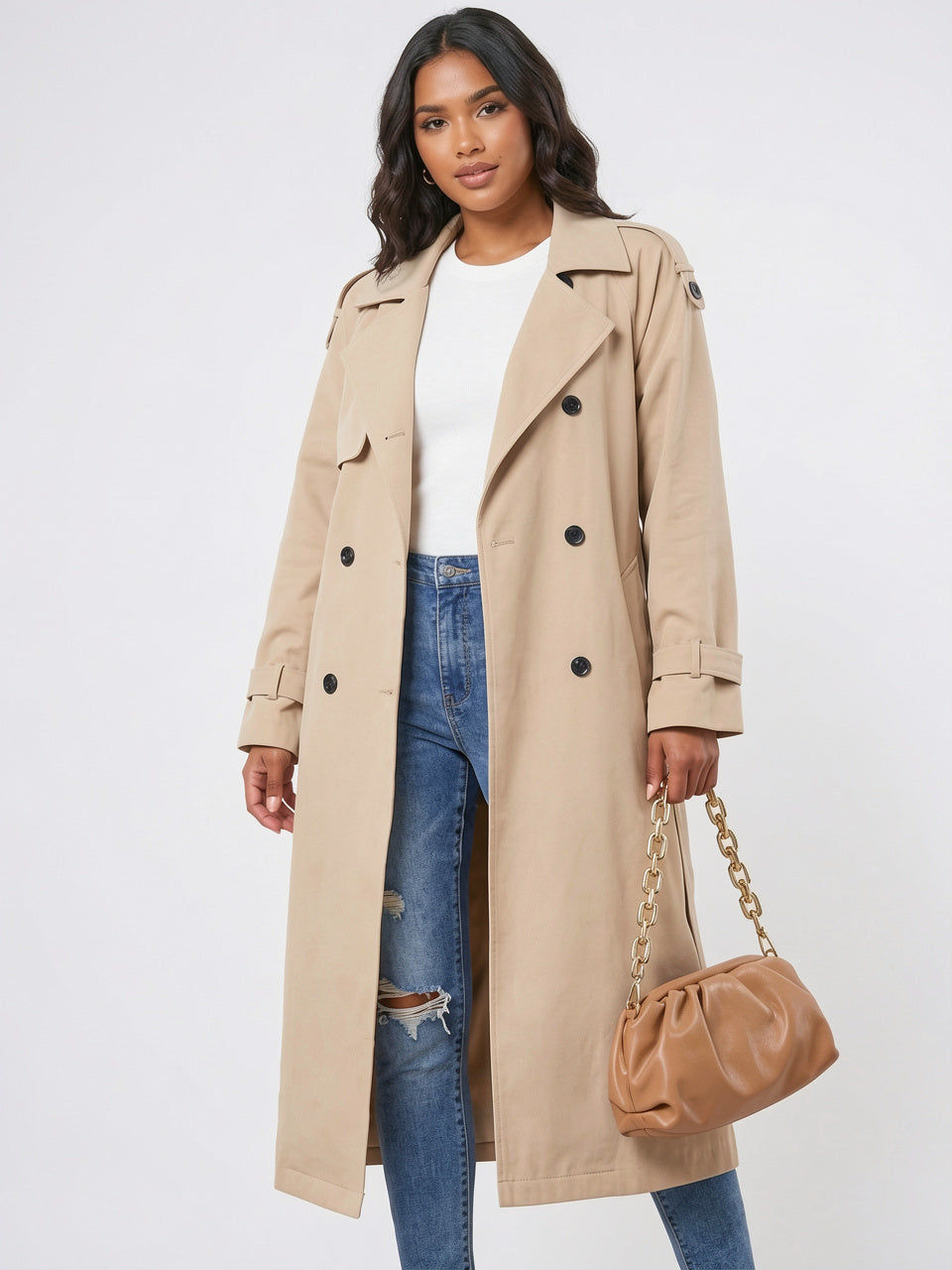 Trenchcoat Femme Longue Boutons Classiques Formel Casual Poches - Beige S