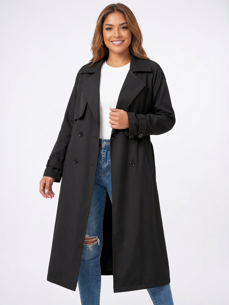 Trenchcoat Femme Longue Boutons Classiques Formel Casual Poches - Zwart S