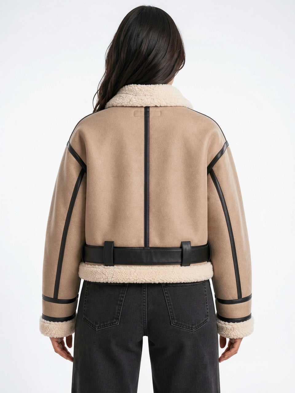 Veste Aviateur Courte Simili Cuir Col Mouton Ceinturée - 3