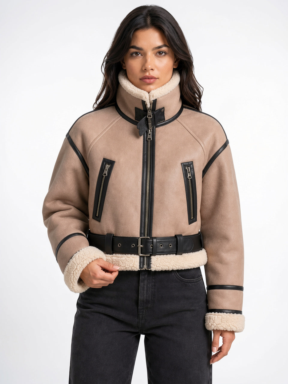 Veste Aviateur Courte Simili Cuir Col Mouton Ceinturée - 4