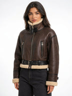 Veste Aviateur Courte Simili Cuir Col Mouton Ceinturée - 6