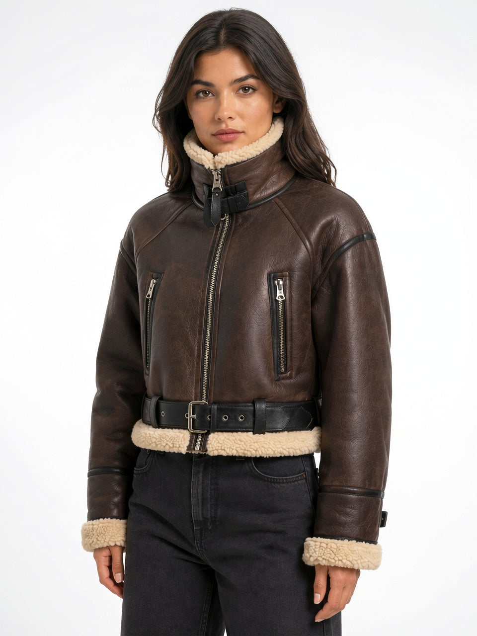 Veste Aviateur Courte Simili Cuir Col Mouton Ceinturée - 6