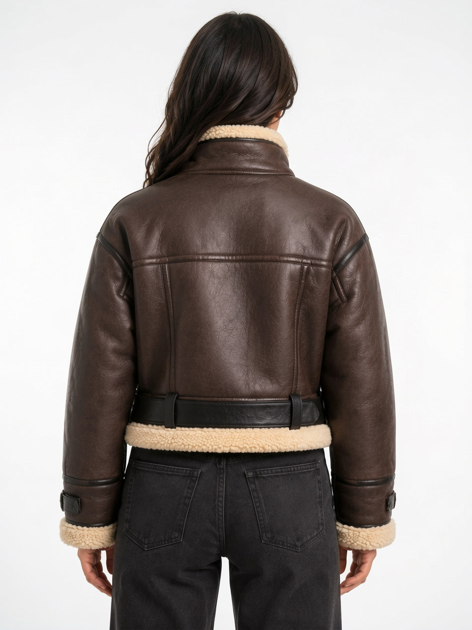 Veste Aviateur Courte Simili Cuir Col Mouton Ceinturée - 7