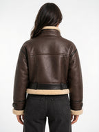 Veste Aviateur Courte Simili Cuir Col Mouton Ceinturée - 7