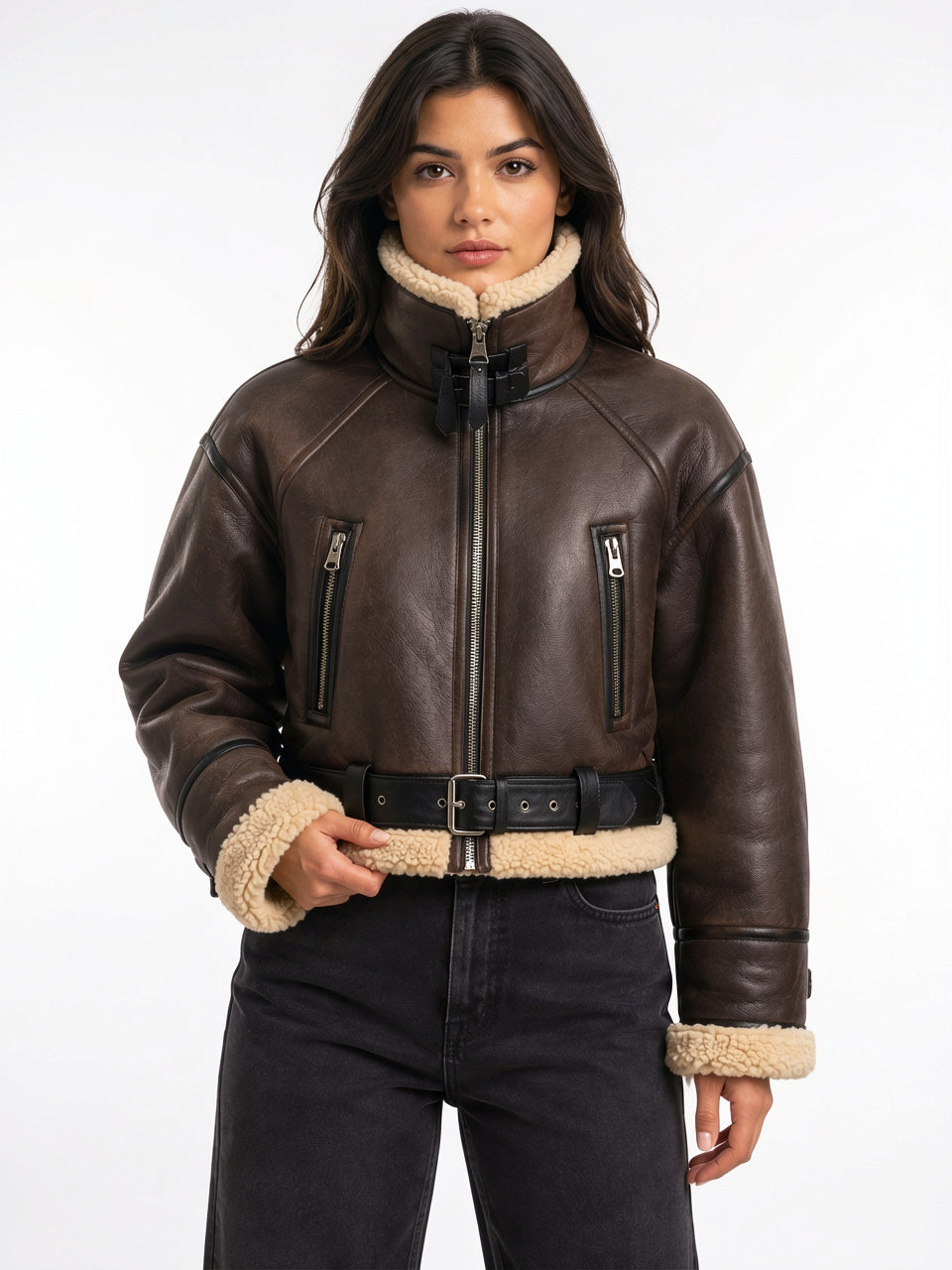 Veste Aviateur Courte Simili Cuir Col Mouton Ceinturée - 8