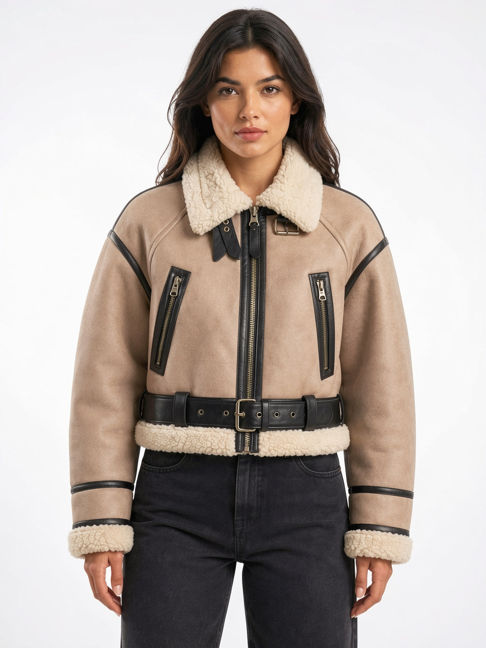 Veste Aviateur Courte Simili Cuir Col Mouton Ceinturée - Kaki XS