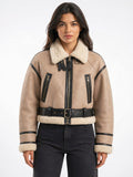 Veste Aviateur Courte Simili Cuir Col Mouton Ceinturée - Kaki XS