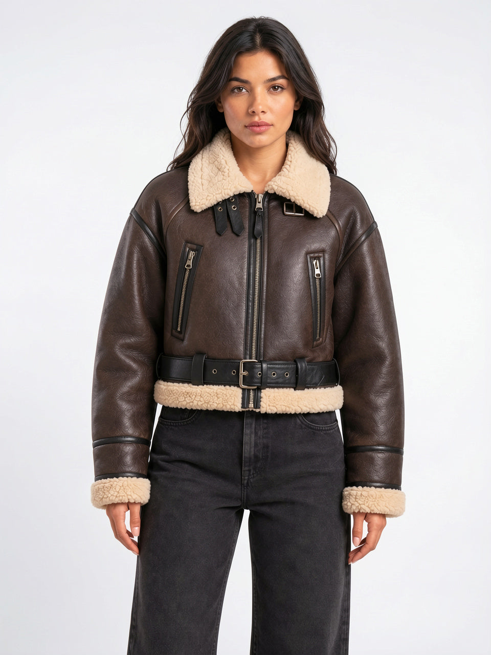 Veste Aviateur Courte Simili Cuir Col Mouton Ceinturée - Marron XS