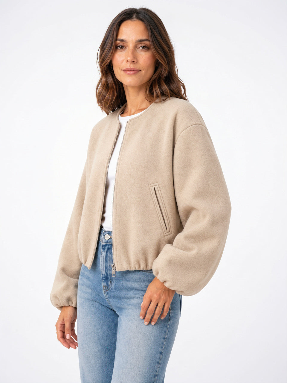 Veste Bomber Courte Mélange Laine Femme Zip Poches - 1
