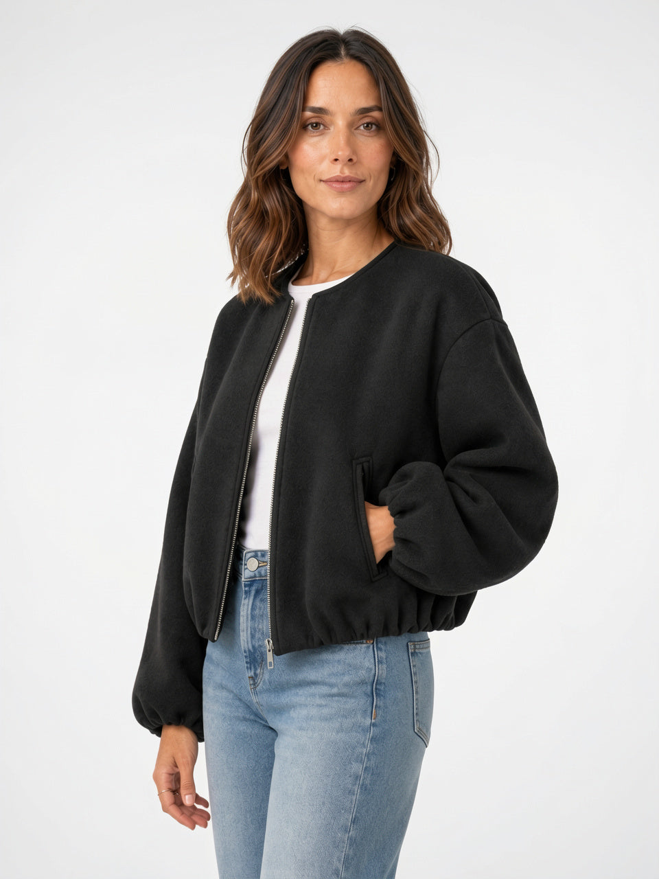 Veste Bomber Courte Mélange Laine Femme Zip Poches - 2