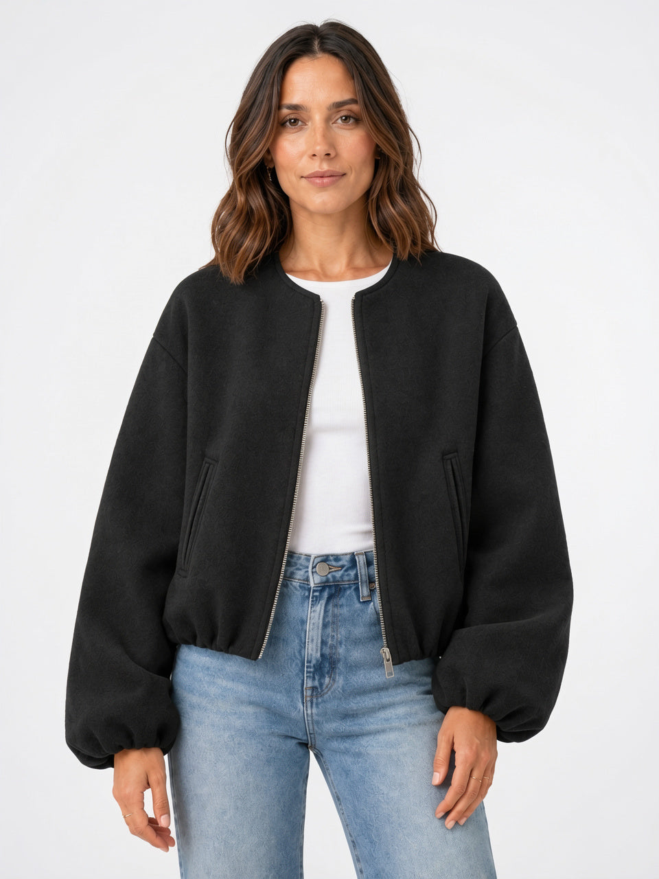 Veste Bomber Courte Mélange Laine Femme Zip Poches - 4