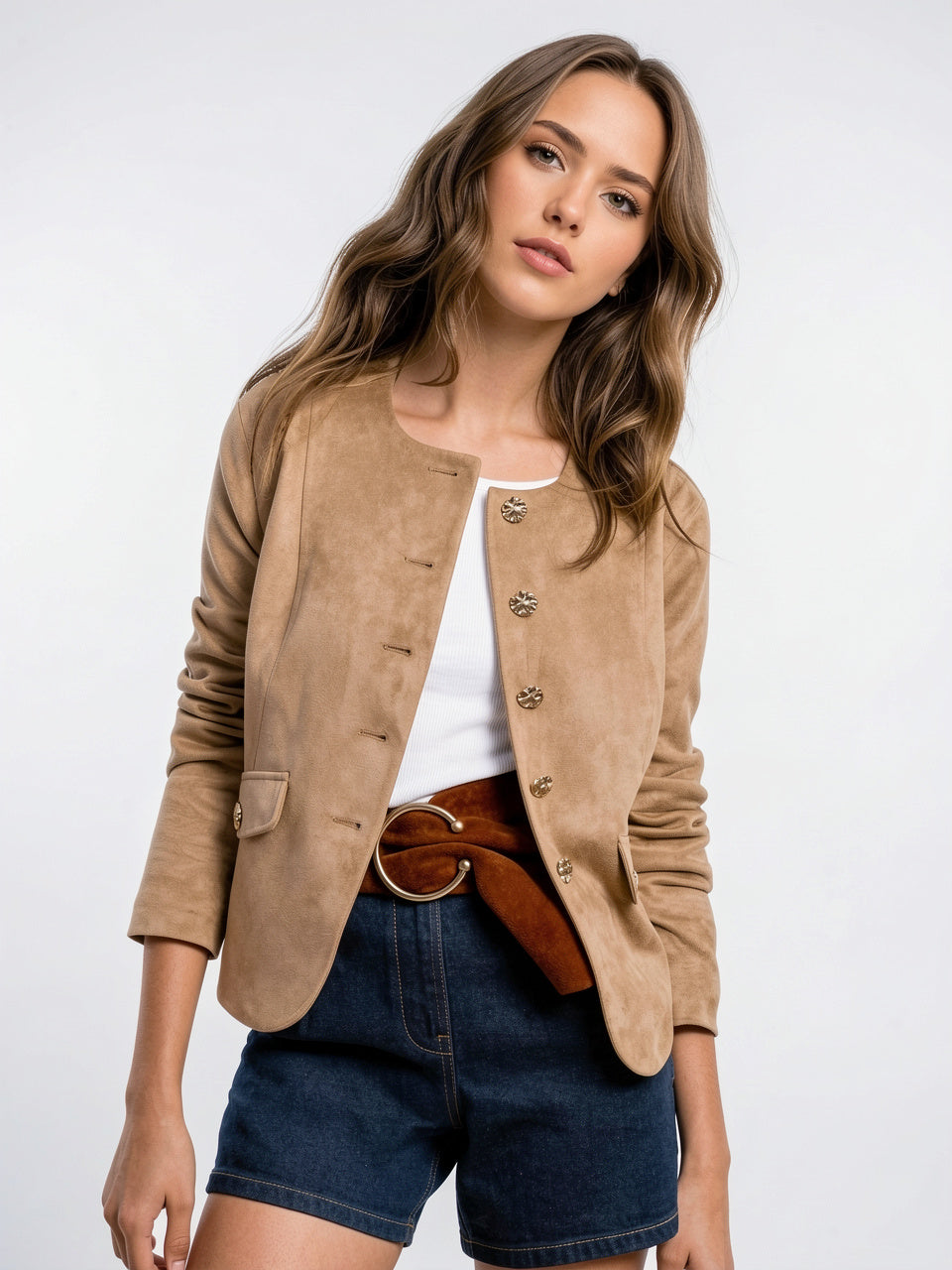 Veste Boutons Dorés Sans Col Femme Ajustée Légère - 1