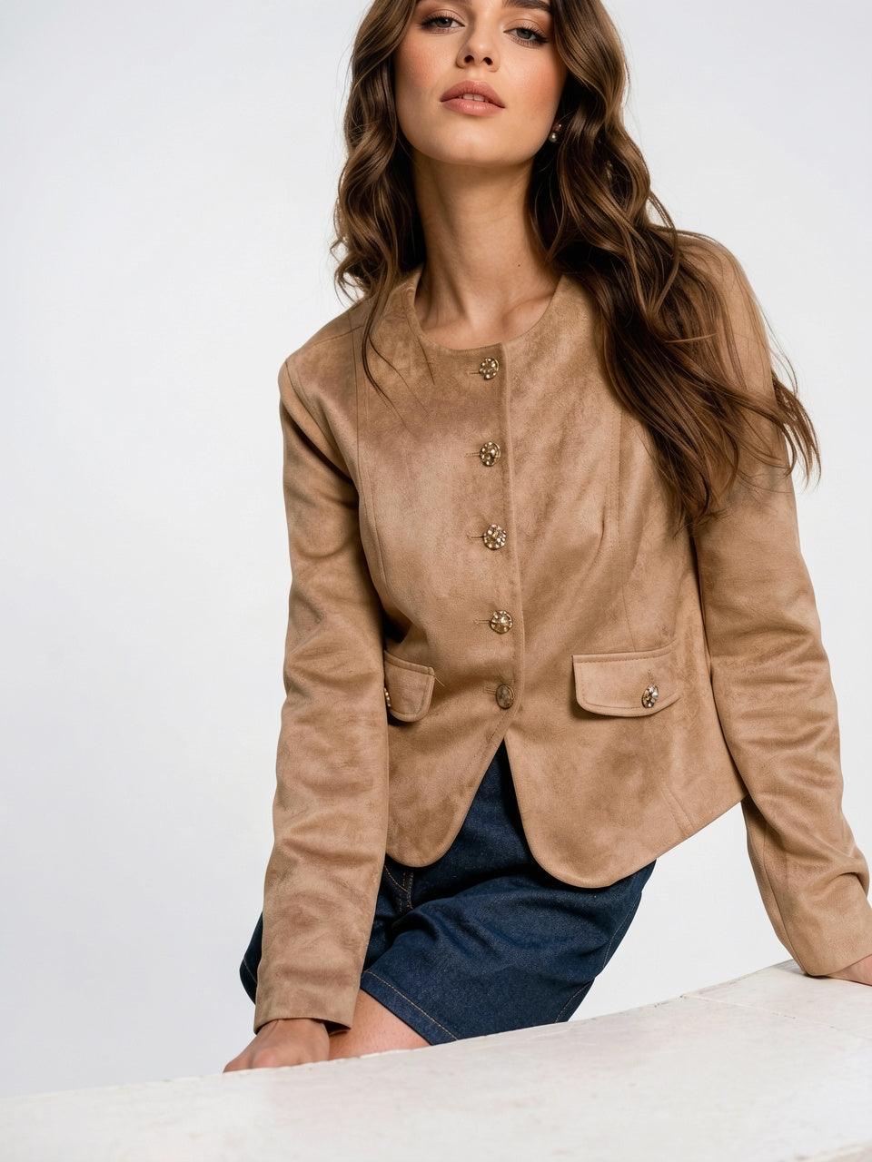 Veste Boutons Dorés Sans Col Femme Ajustée Légère - 3