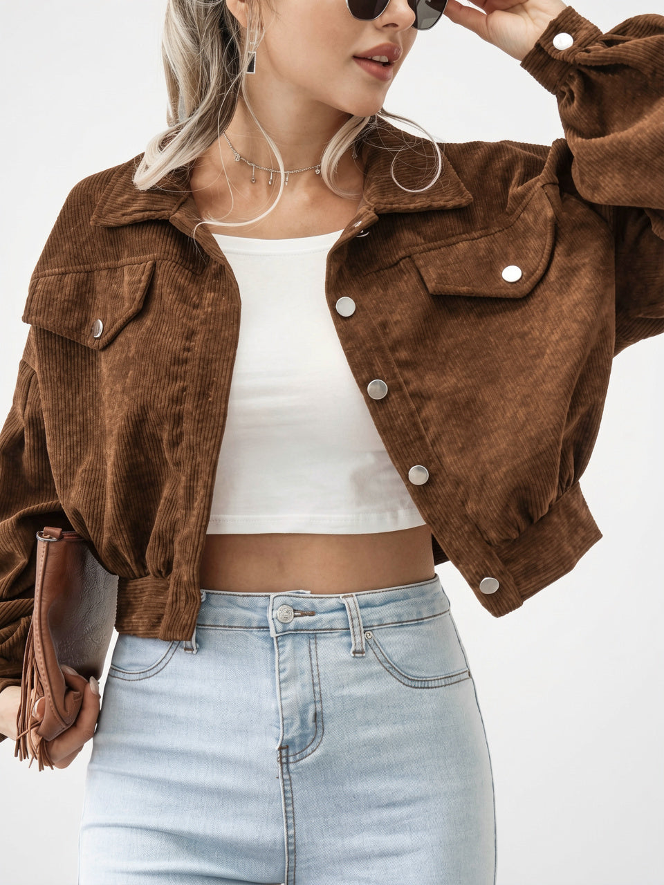 Veste Courte Femme Velours Côtelé Boutonnée Quotidien Poches - Brun S
