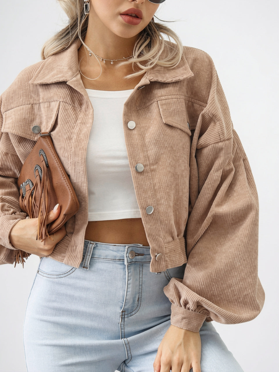 Veste Courte Femme Velours Côtelé Boutonnée Quotidien Poches - Kaki S