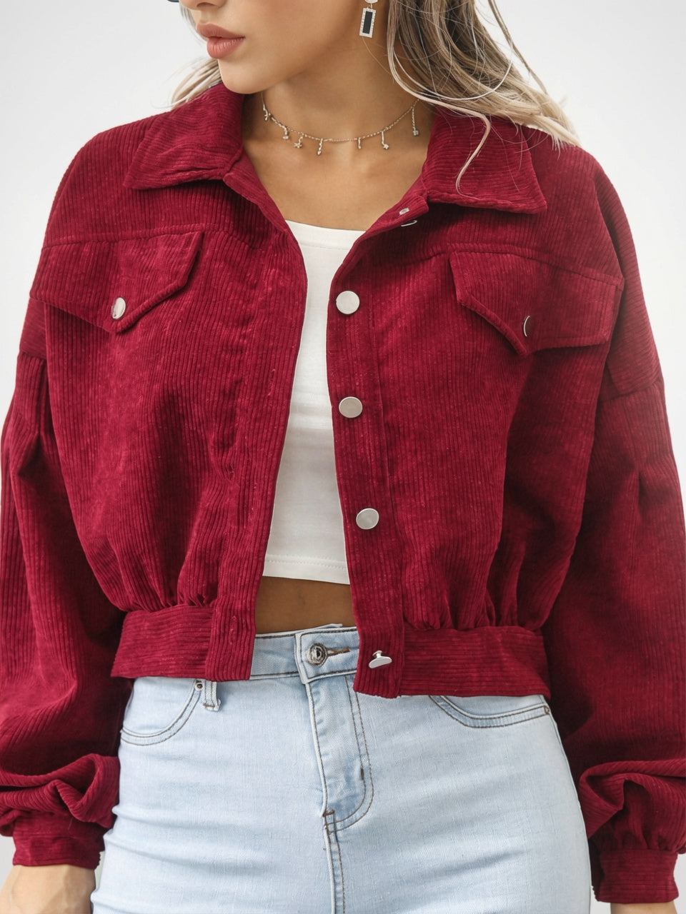 Veste Courte Femme Velours Côtelé Boutonnée Quotidien Poches - Rouge S