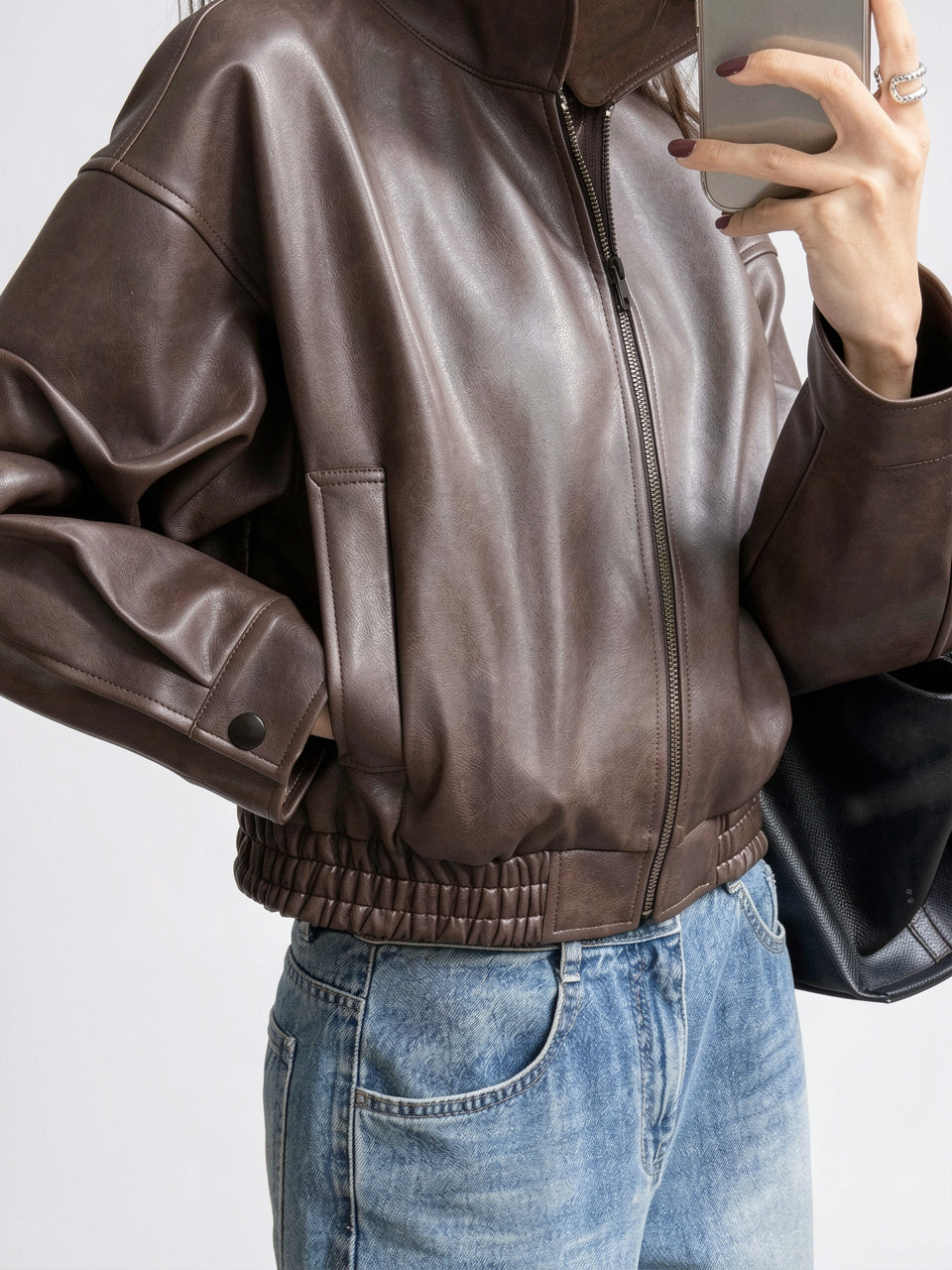 Veste Cuir Courte Décontractée Poches Manches Longues Revers - 3