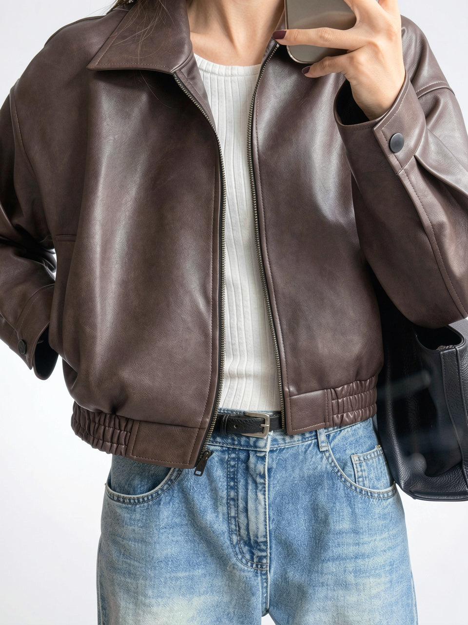 Veste Cuir Courte Décontractée Poches Manches Longues Revers - 4