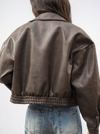 Veste Cuir Courte Décontractée Poches Manches Longues Revers - 5