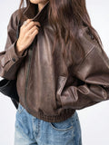 Veste Cuir Courte Décontractée Poches Manches Longues Revers - Marron S