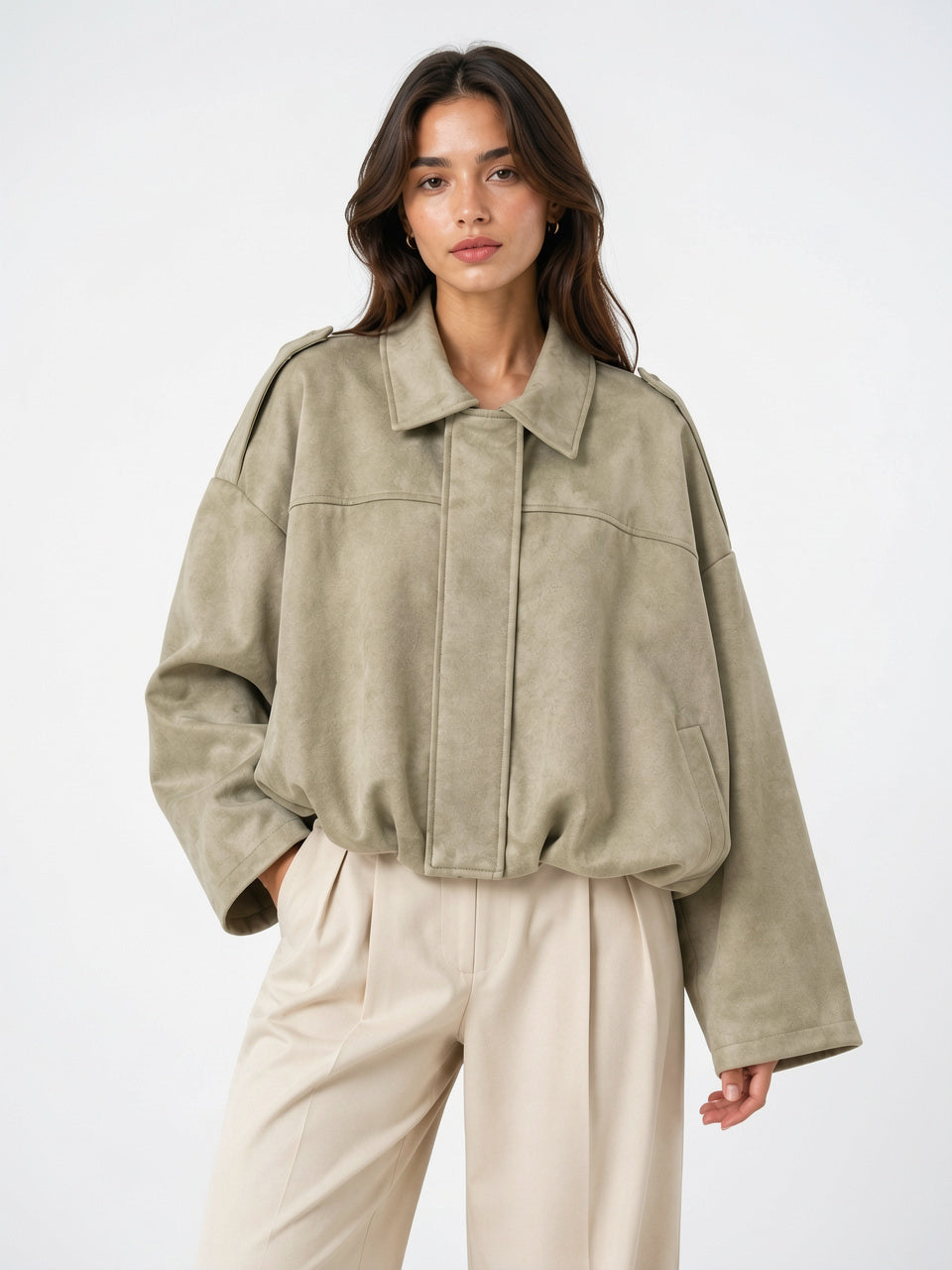 Veste Daim Femme Coupe Relax Vêtement Extérieur Raffiné - Vert Clair S