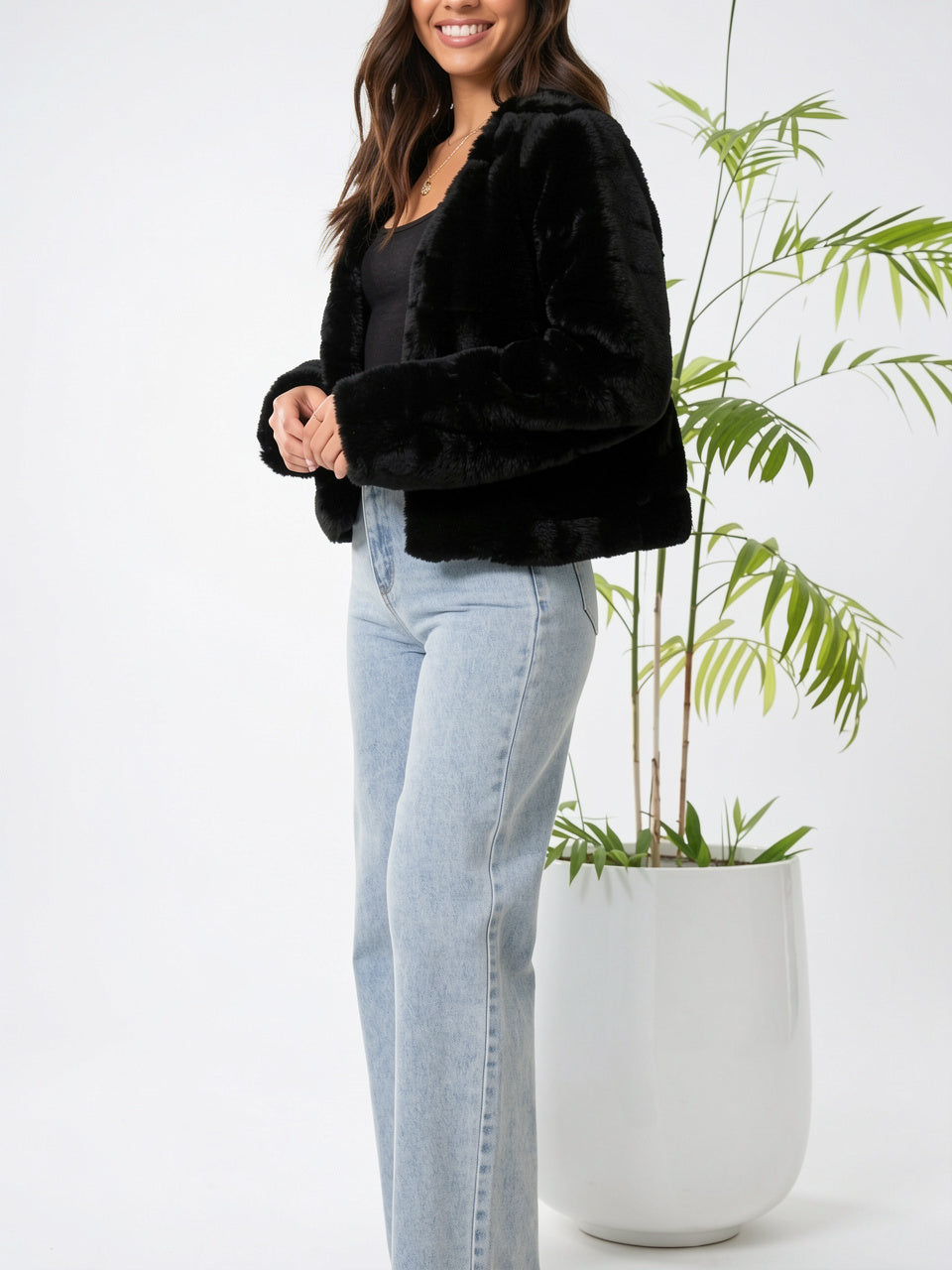 Veste Fausse Fourrure Femme Courte Devant Ouvert - 12