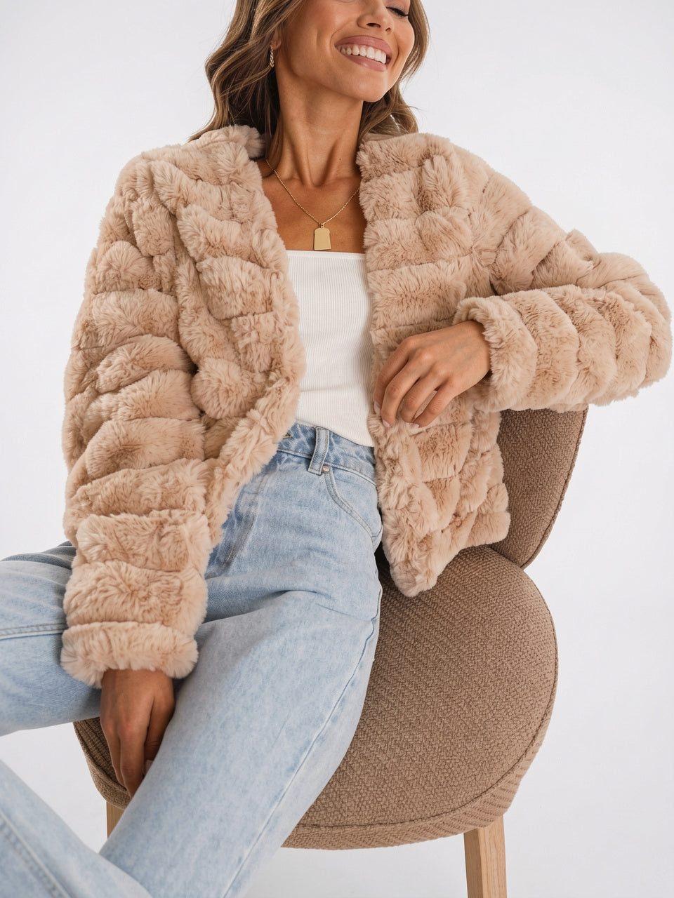 Veste Fausse Fourrure Femme Courte Devant Ouvert - 34