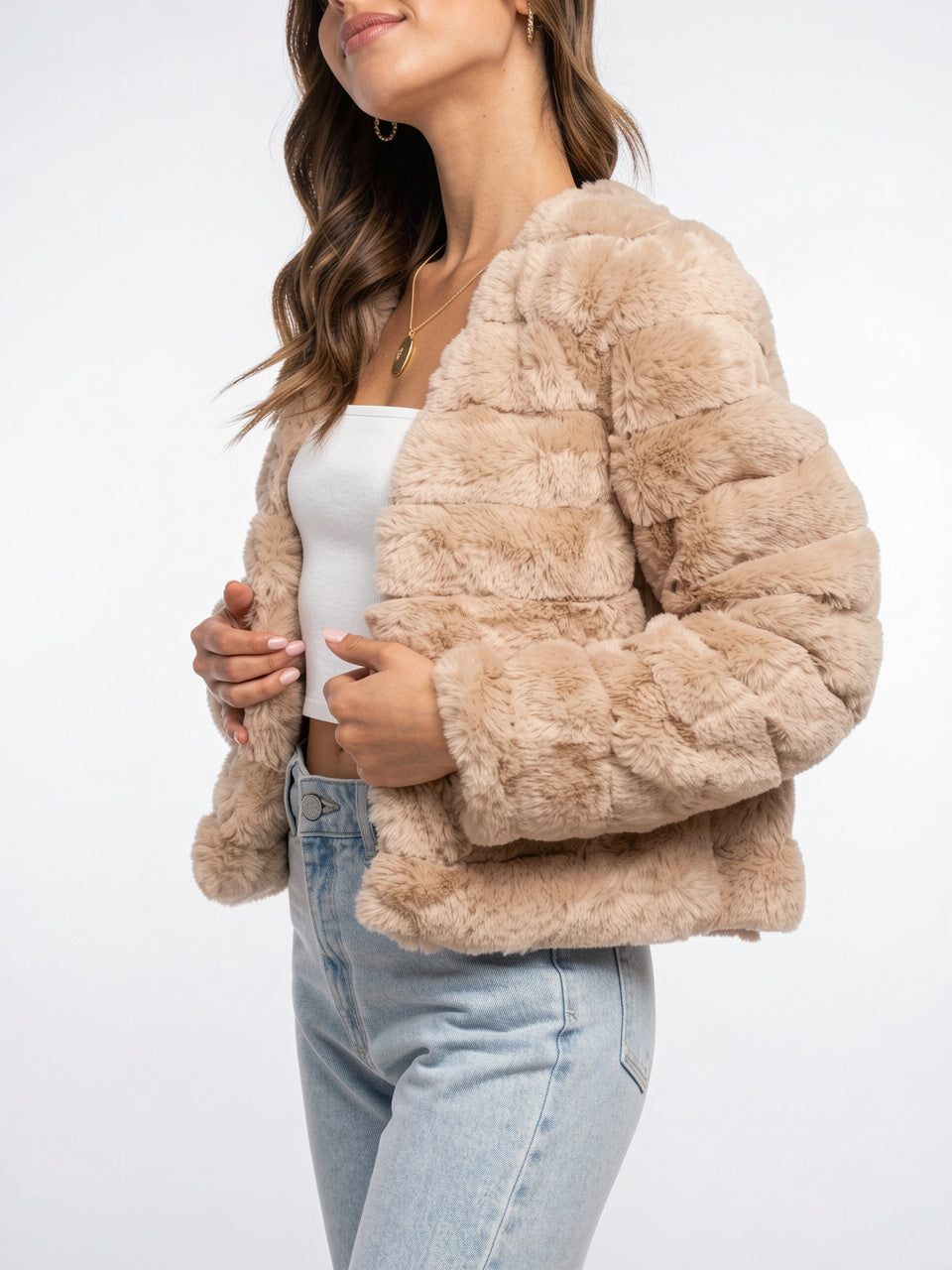 Veste Fausse Fourrure Femme Courte Devant Ouvert - 36