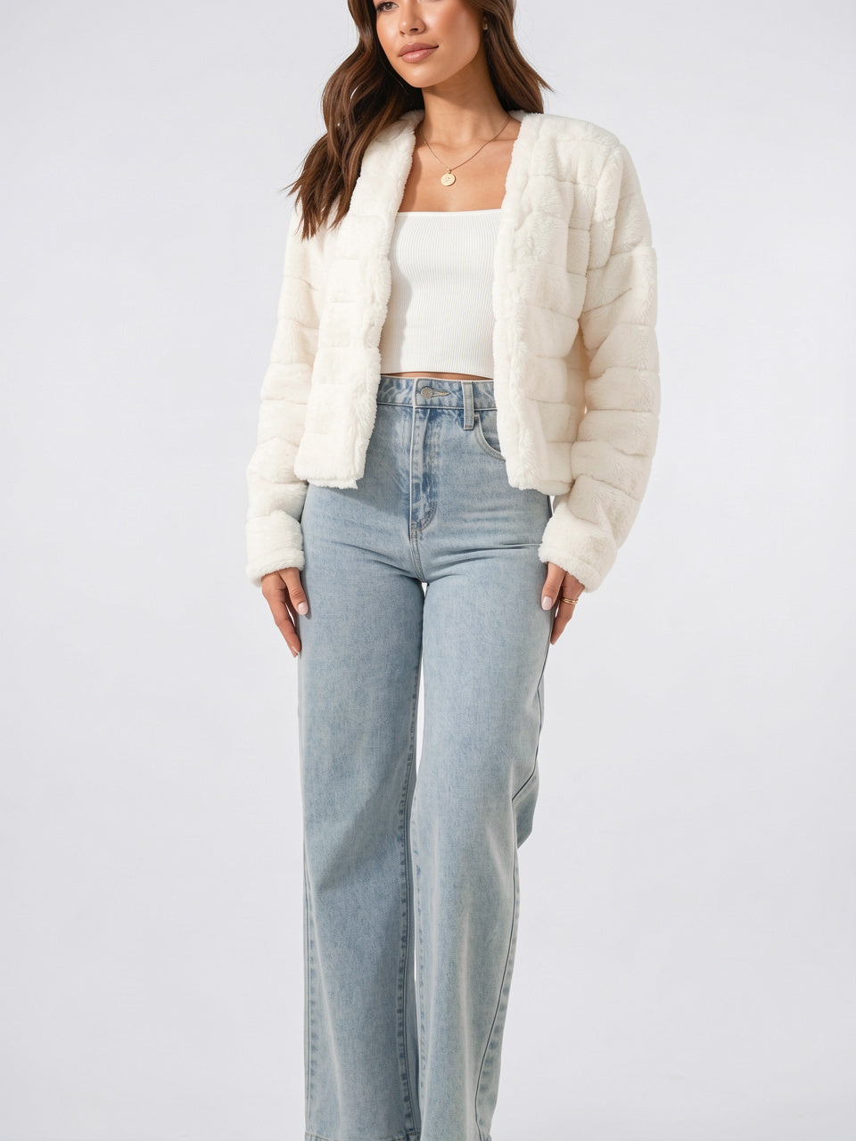 Veste Fausse Fourrure Femme Courte Devant Ouvert - 6