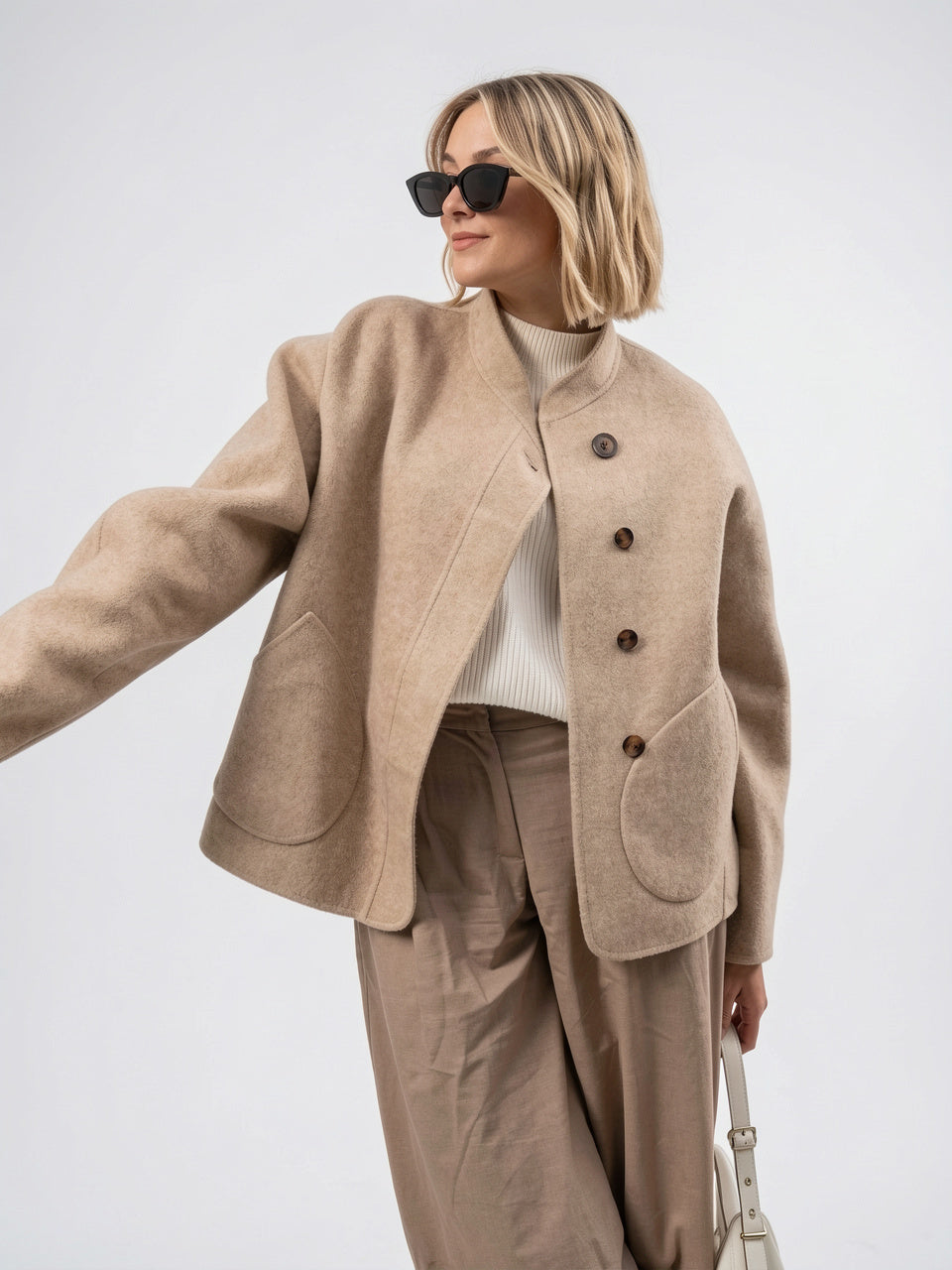 Veste Femme Automne Courte Laine Coupe Ample - Kaki S