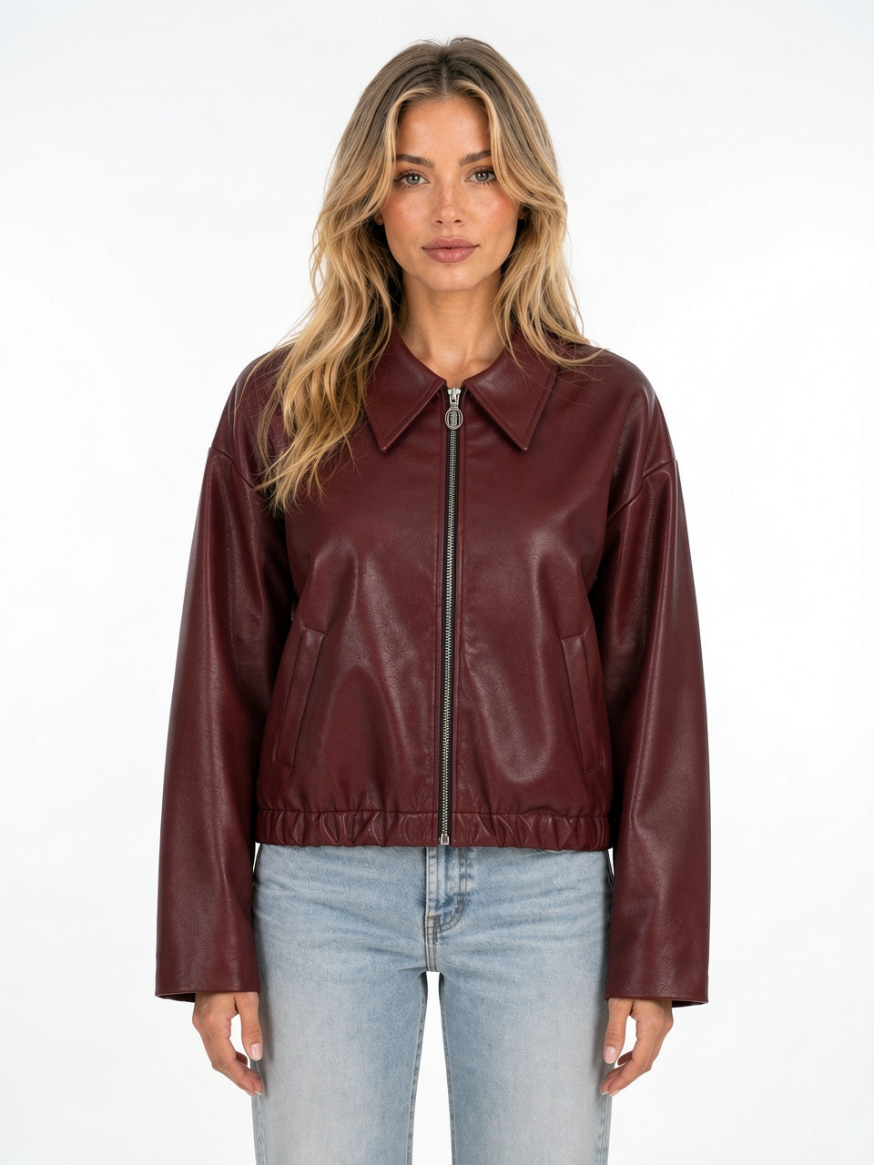 Veste Simili Cuir Femme Zip Poches Coupe Courte - Bordeaux S