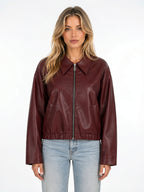 Veste Simili Cuir Femme Zip Poches Coupe Courte - Bordeaux S