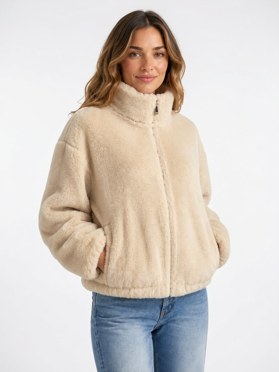 Veste Teddy Femme Col Montant Courte Zip Peluche - 1