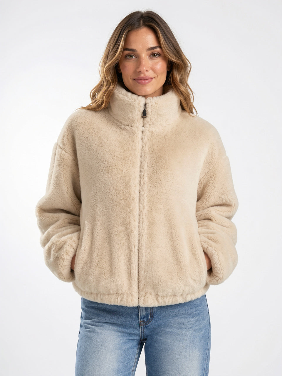 Veste Teddy Femme Col Montant Courte Zip Peluche - 10