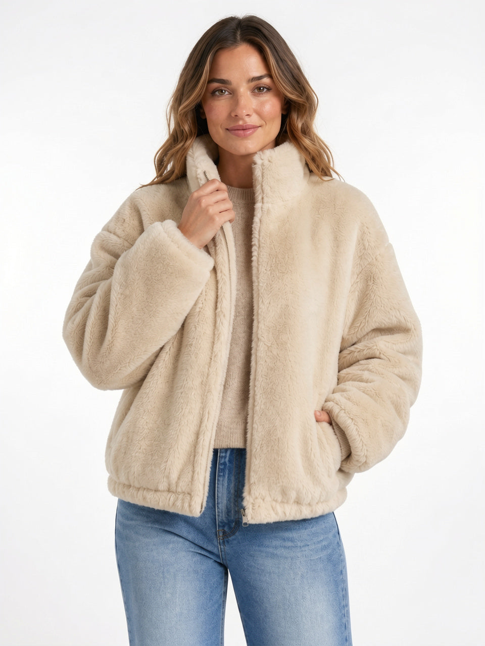 Veste Teddy Femme Col Montant Courte Zip Peluche - 2