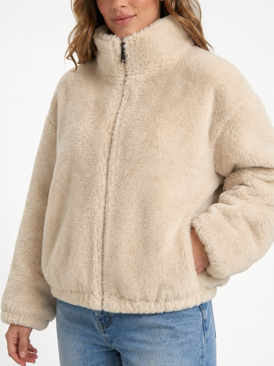 Veste Teddy Femme Col Montant Courte Zip Peluche - Beige S