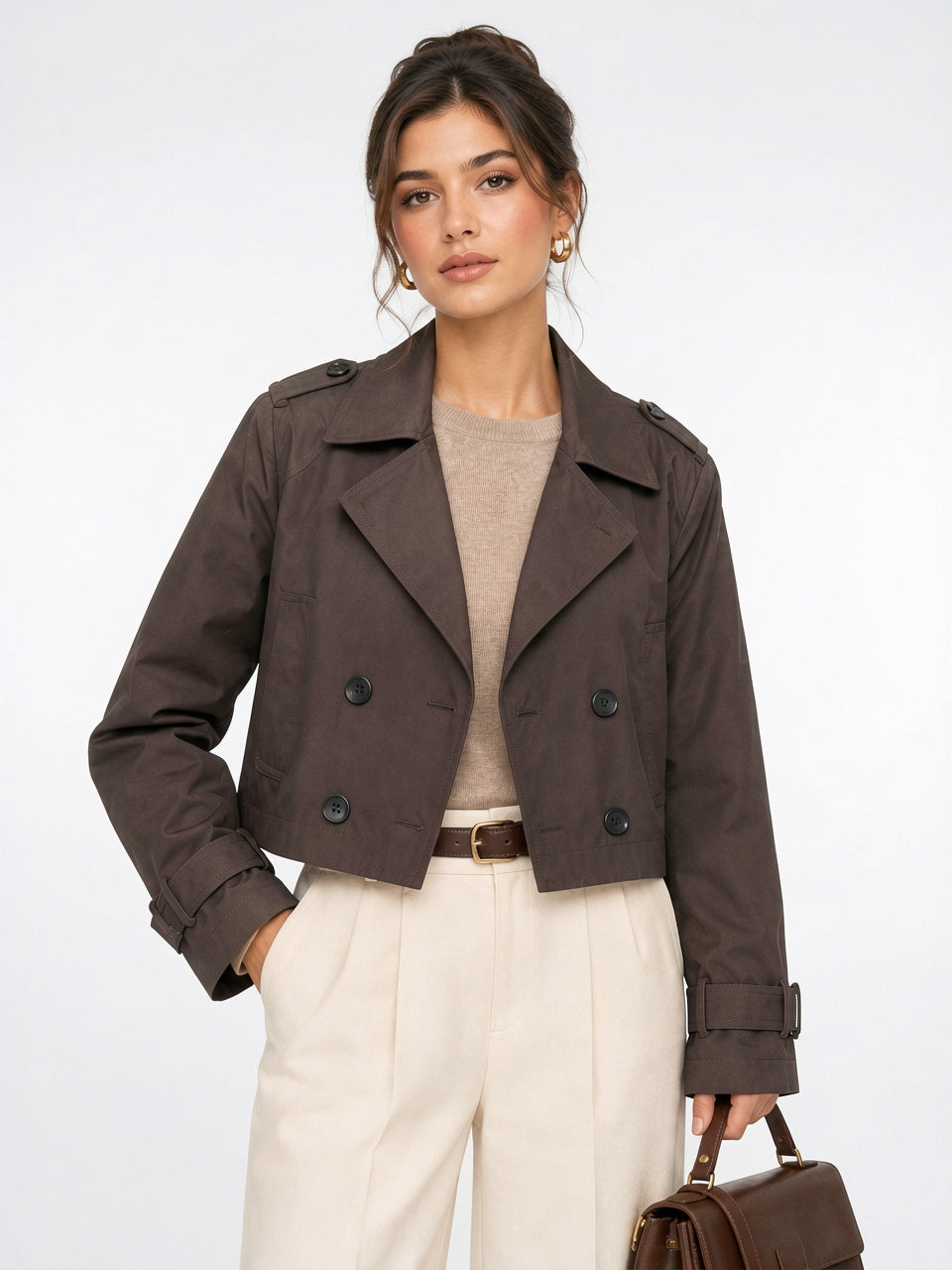 Veste Trench Courte Double Boutonnage Vêtement Extérieur Classique, Légère Femmes - Marron XS
