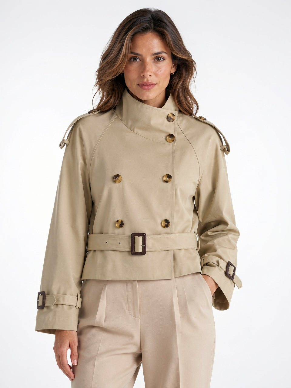 Veste Trench Femme Col Montant Courte Ceinturée - 1