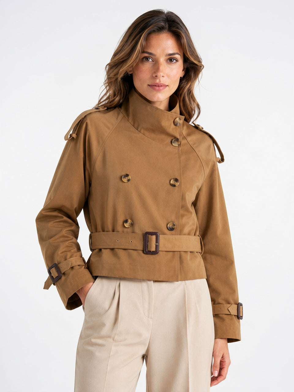 Veste Trench Femme Col Montant Courte Ceinturée - 3