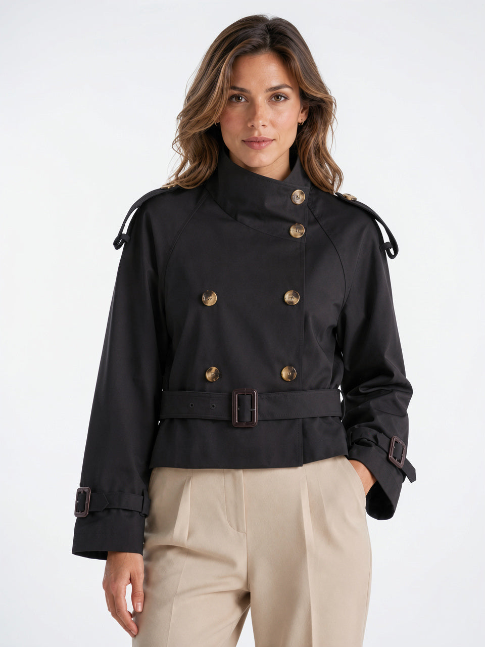Veste Trench Femme Col Montant Courte Ceinturée - 4