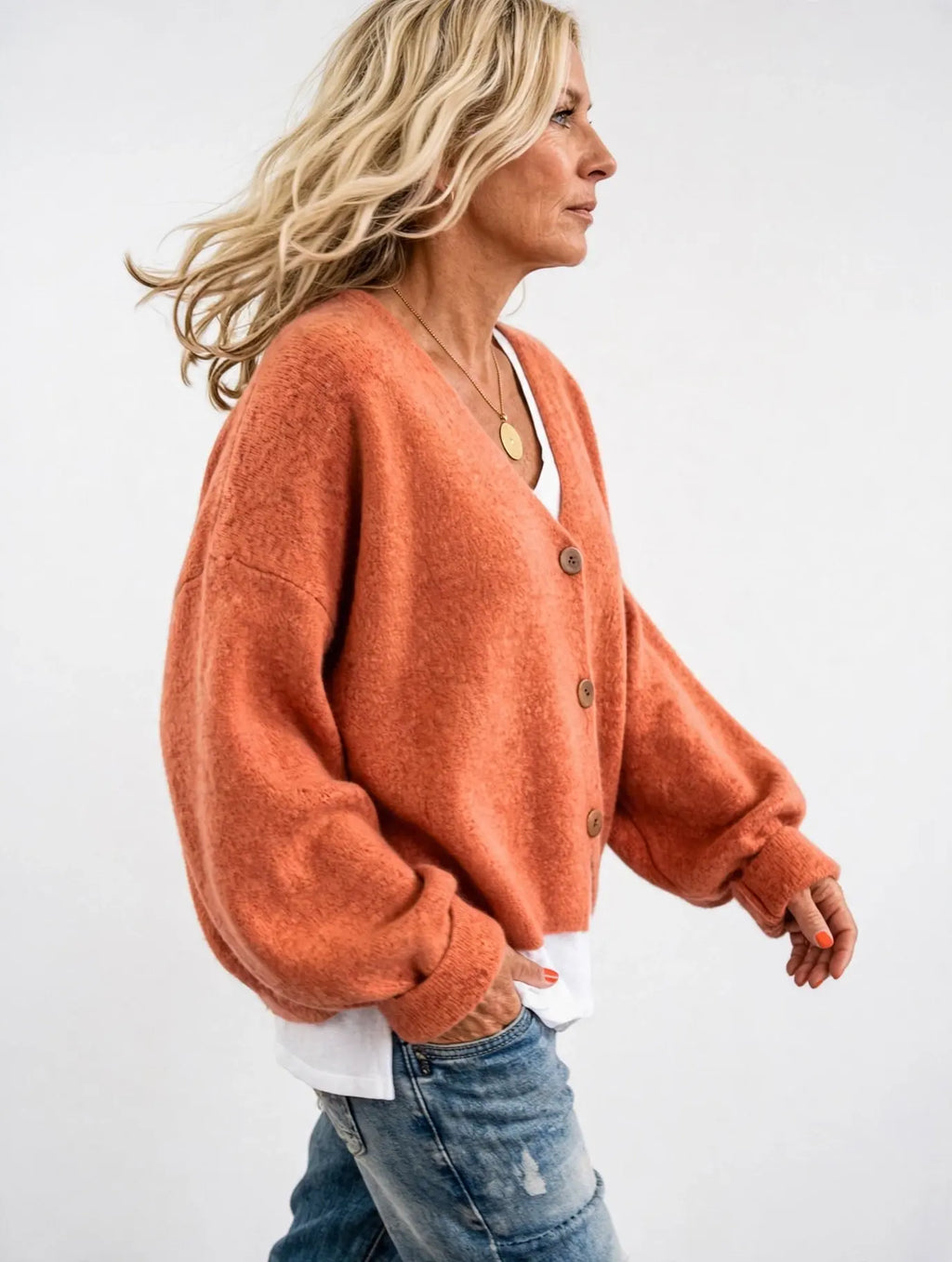 Cardigan Bouton Frontal Col V Femmes, Tricot Coupe Relax