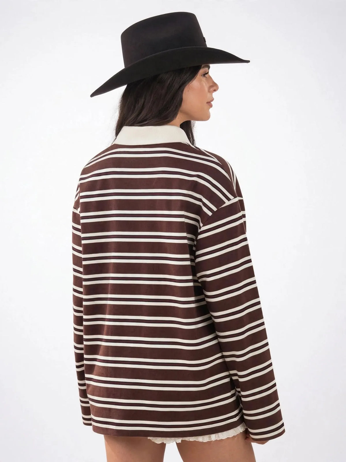 Top Femme Manches Longues Polo Rayé Coupe Régulière