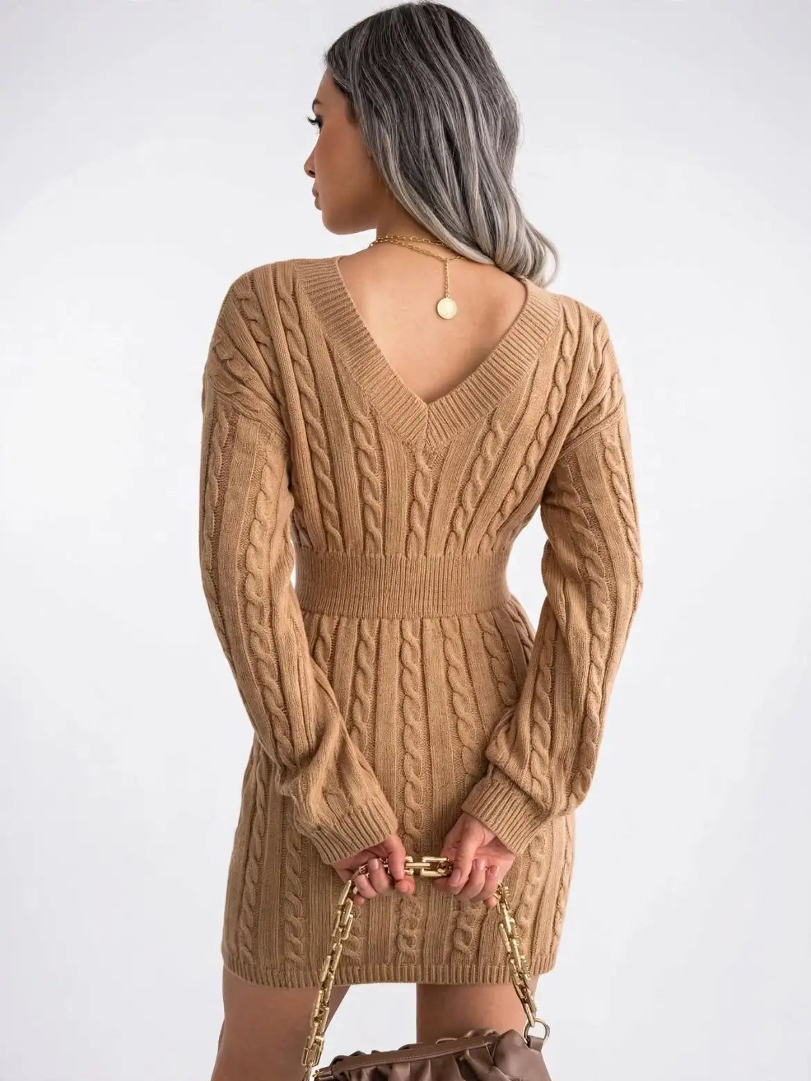Robe Pull Femme Maille Torsadée Col V Mini