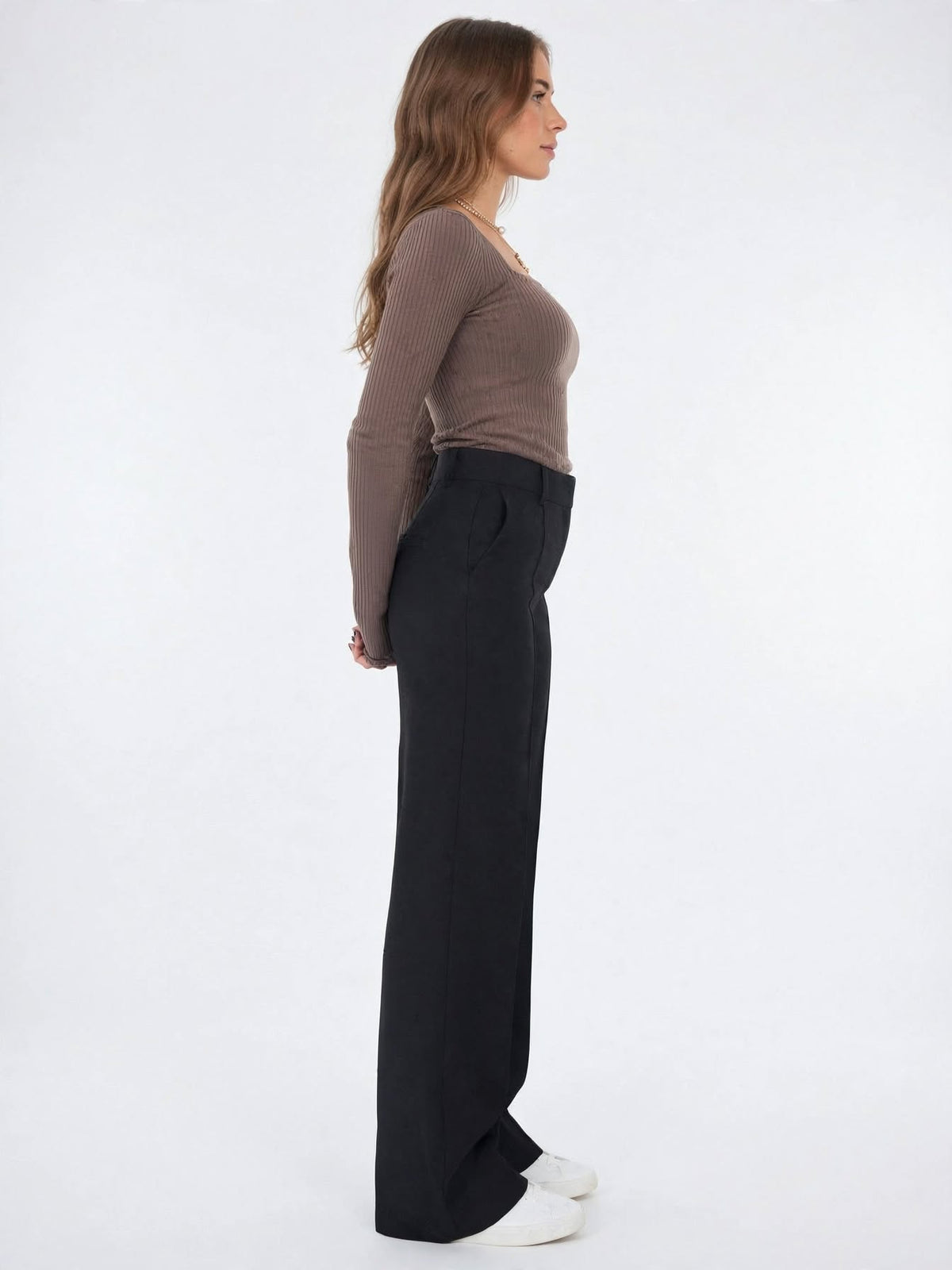 Pantalon Jambes Larges Double Taille Taille Haute Fluide