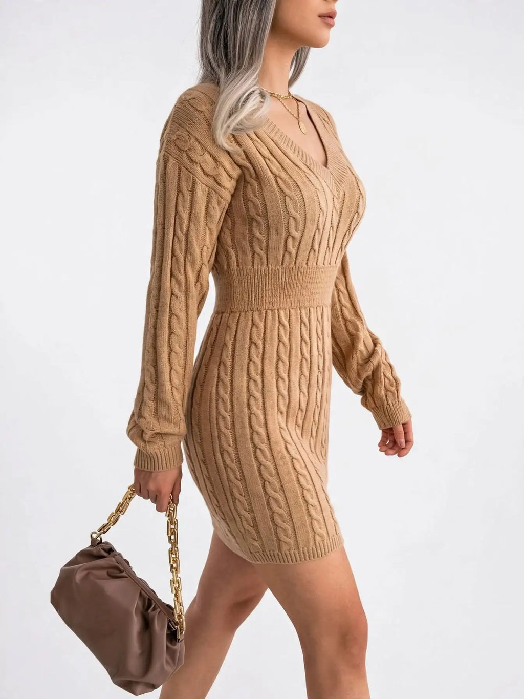 Robe Pull Femme Maille Torsadée Col V Mini